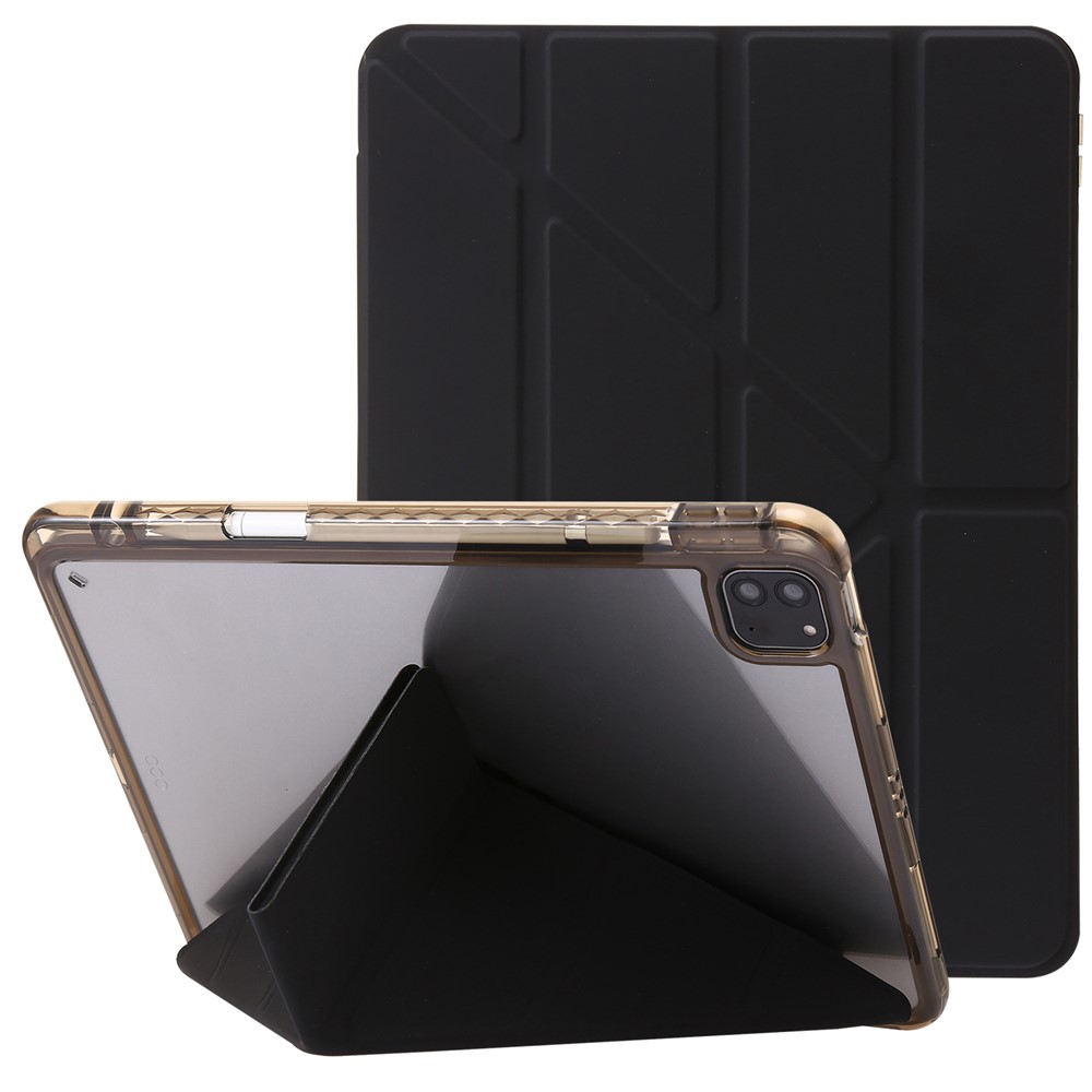 For iPad Pro 12.9 (2022) / (2021) / (2020) / (2018) Origami Tri-fold Stand Case PU Leather Transparent Acrylic Tablet Cover - Black