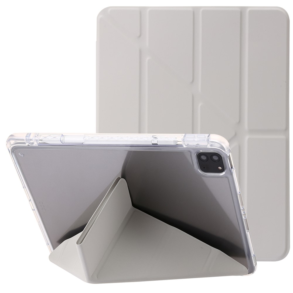 For iPad Pro 12.9 (2022) / (2021) / (2020) / (2018) Origami Tri-fold Stand Case PU Leather Transparent Acrylic Tablet Cover - Beige