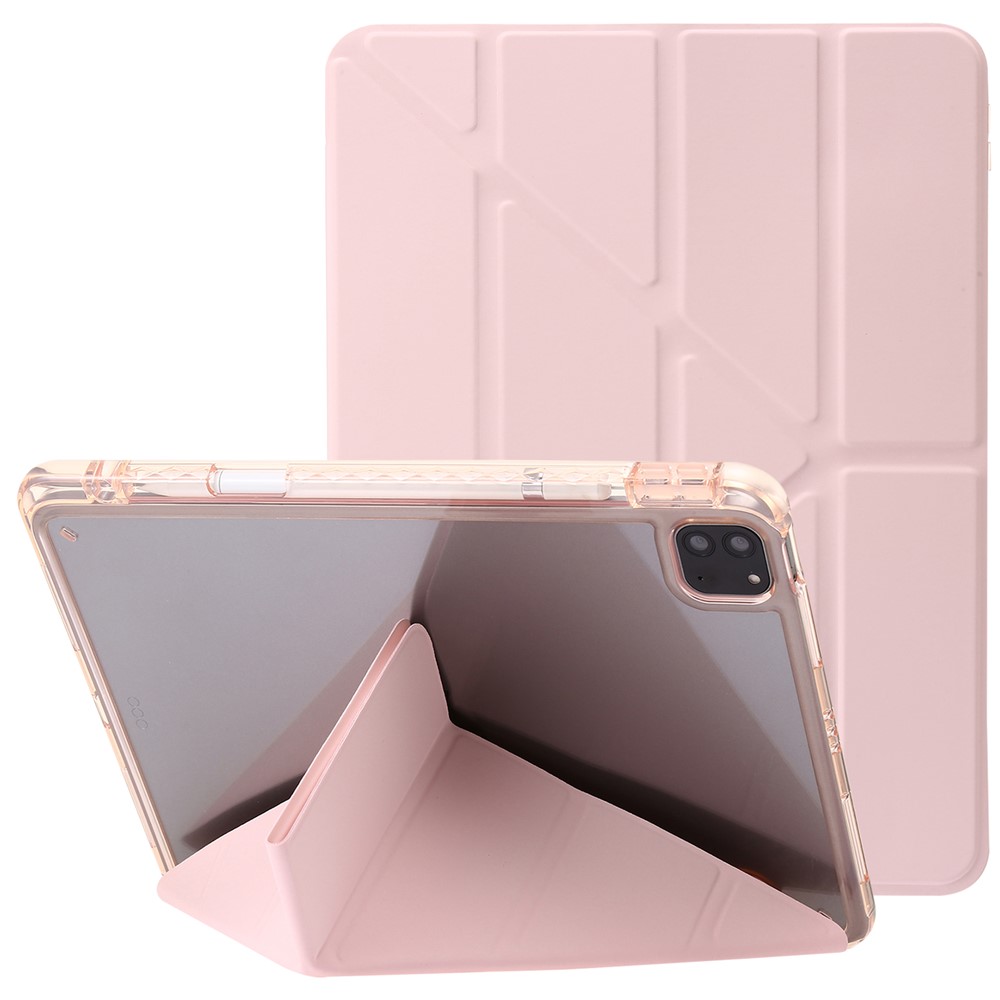 For iPad Pro 12.9 (2022) / (2021) / (2020) / (2018) Origami Tri-fold Stand Case PU Leather Transparent Acrylic Tablet Cover - Pink