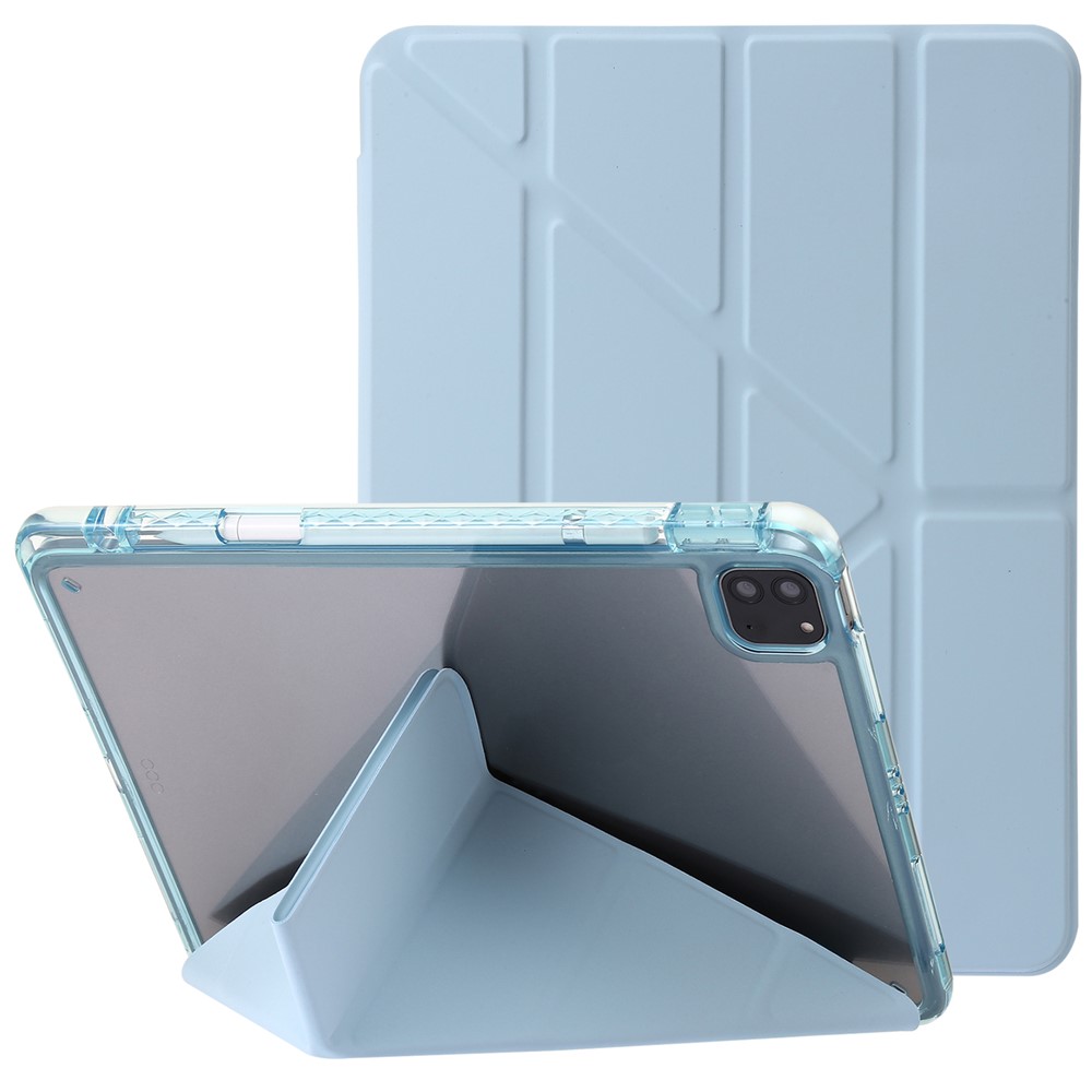 For iPad Pro 12.9 (2022) / (2021) / (2020) / (2018) Origami Tri-fold Stand Case PU Leather Transparent Acrylic Tablet Cover - Baby Blue