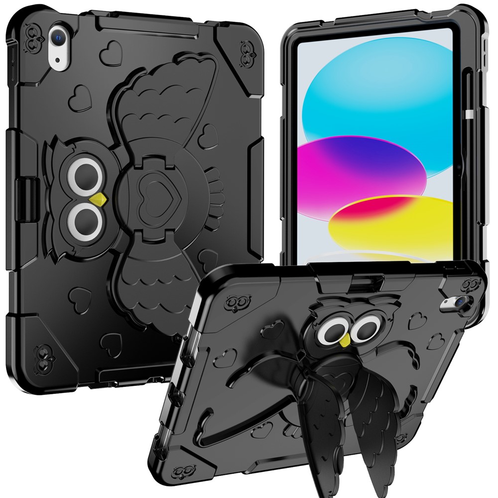 For iPad (2025) / 10.9 (2022) Silicone Protective Cover PC Kickstand Kids Friendly Tablet Case - Black