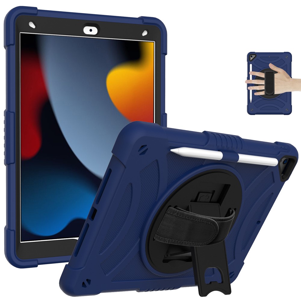 Kickstand Tablet Case for iPad 10.2 (2019) / (2020) / (2021) / iPad Air 10.5 inch (2019) , Silicone+PC Rugged Shockproof Cover with Hand Strap / Pencil Holder - Navy Blue