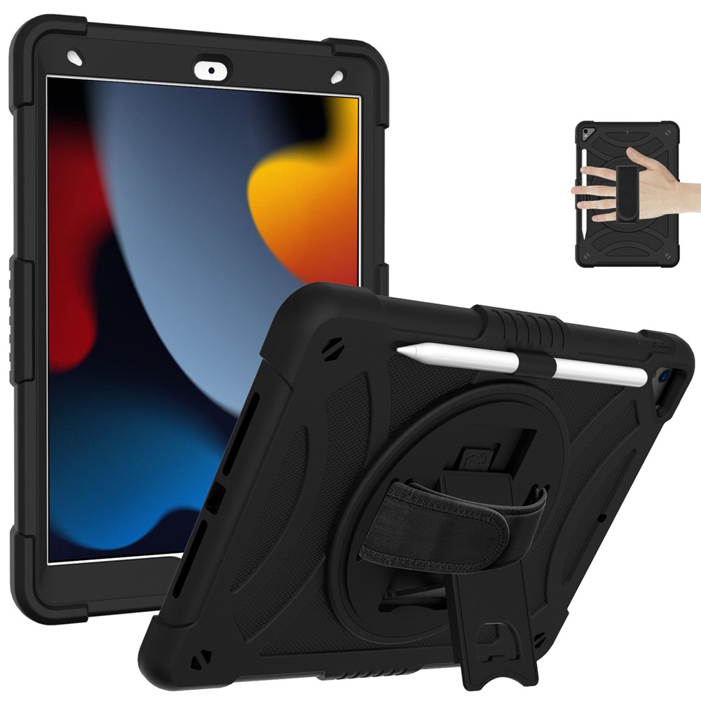 Kickstand Tablet Case for iPad 10.2 (2019) / (2020) / (2021) / iPad Air 10.5 inch (2019) , Silicone+PC Rugged Shockproof Cover with Hand Strap / Pencil Holder - Black