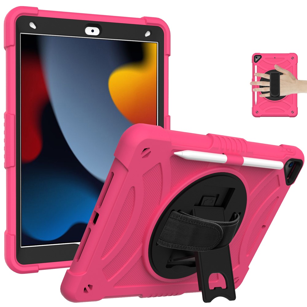 Kickstand Tablet Case for iPad 10.2 (2019) / (2020) / (2021) / iPad Air 10.5 inch (2019) , Silicone+PC Rugged Shockproof Cover with Hand Strap / Pencil Holder - Rose
