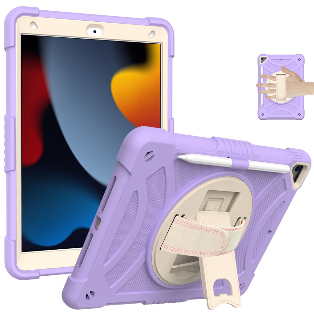 Kickstand Tablet Case for iPad 10.2 (2019) / (2020) / (2021) / iPad Air 10.5 inch (2019) , Silicone+PC Rugged Shockproof Cover with Hand Strap / Pencil Holder - Purple