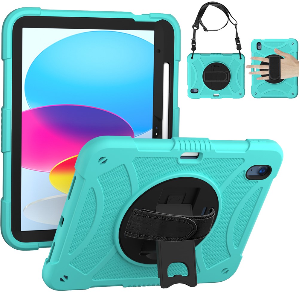 For iPad (2025) / 10.9 (2022) Rotating Kickstand Tablet Case Silicone+PC Anti-Drop Cover with Pencil Holder / Shoulder Strap - Mint Green