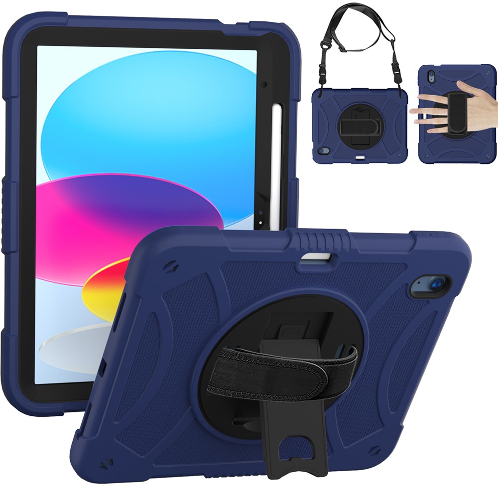 For iPad (2025) / 10.9 (2022) Rotating Kickstand Tablet Case Silicone+PC Anti-Drop Cover with Pencil Holder / Shoulder Strap - Navy Blue
