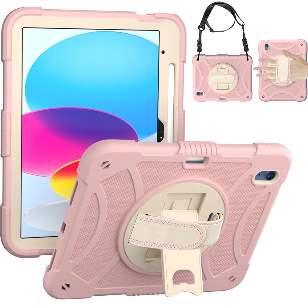 For iPad (2025) / 10.9 (2022) Rotating Kickstand Tablet Case Silicone+PC Anti-Drop Cover with Pencil Holder / Shoulder Strap - Rose Gold