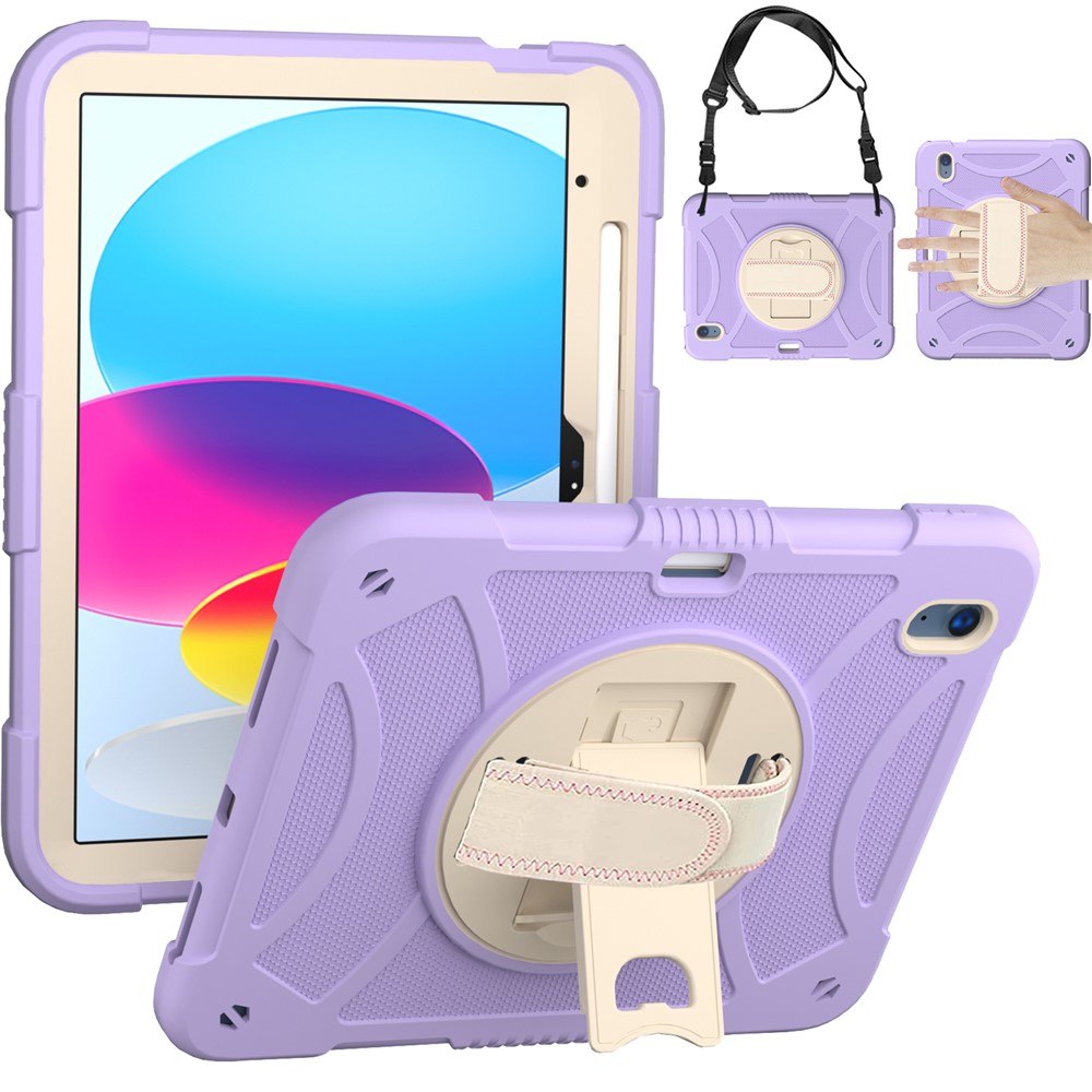 For iPad (2025) / 10.9 (2022) Rotating Kickstand Tablet Case Silicone+PC Anti-Drop Cover with Pencil Holder / Shoulder Strap - Purple