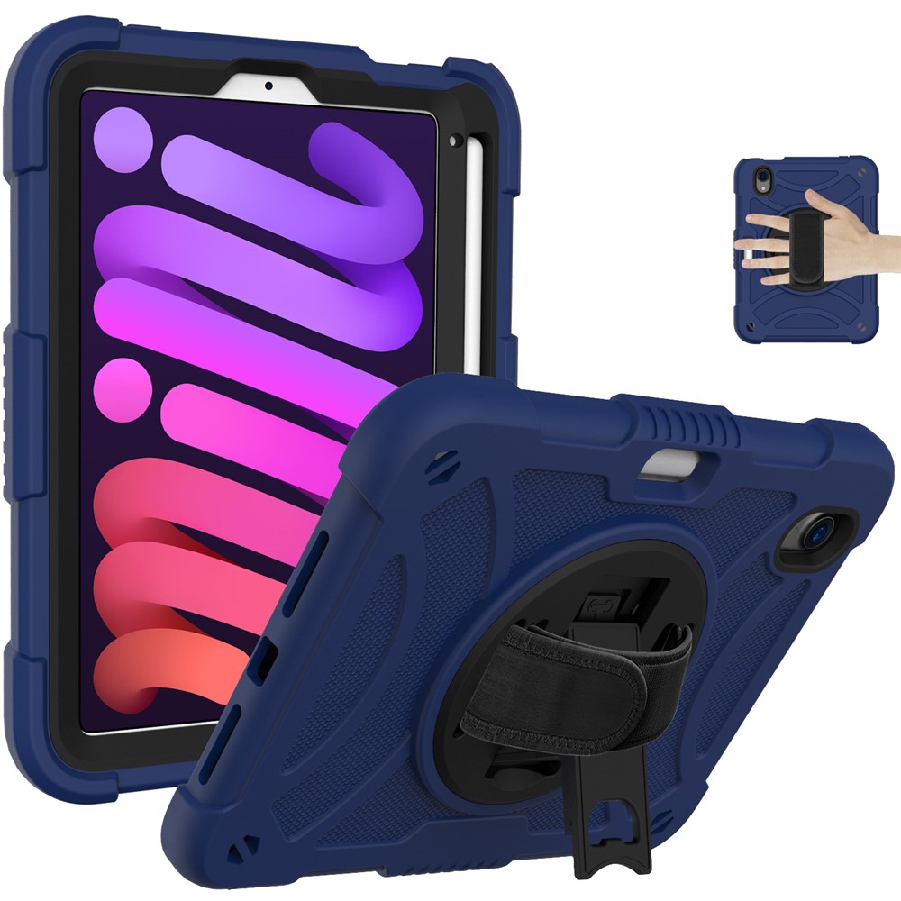 For iPad mini (2024) / mini (2021) Silicone+PC Protective Cover Rotating Kickstand Shockproof Tablet Case with Pencil Holder - Navy Blue