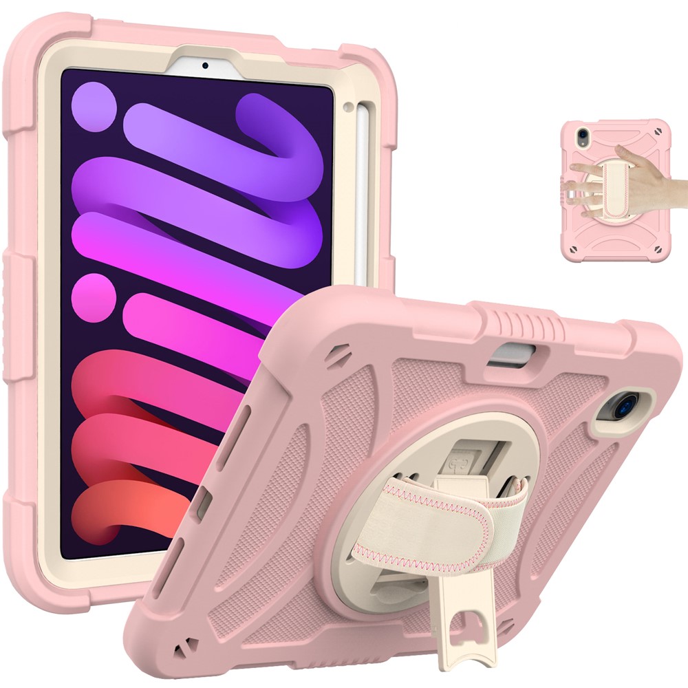 For iPad mini (2024) / mini (2021) Silicone+PC Protective Cover Rotating Kickstand Shockproof Tablet Case with Pencil Holder - Rose Gold