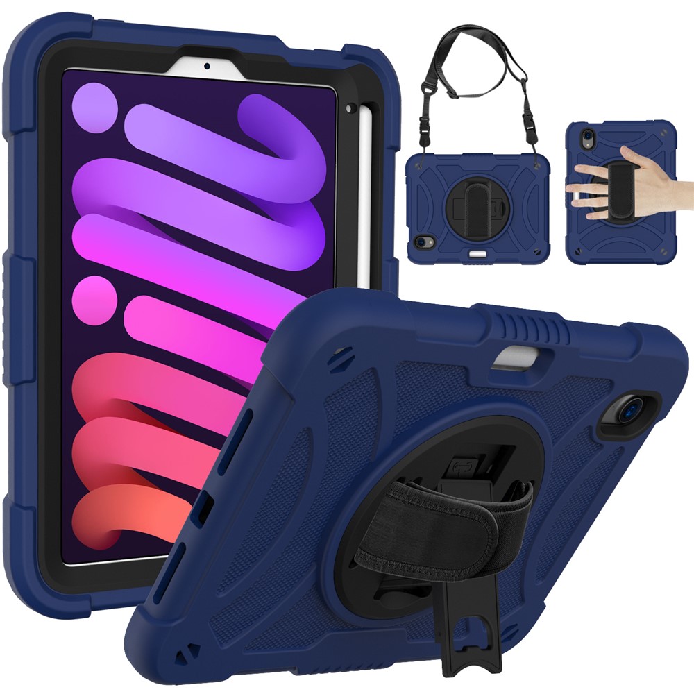 For iPad mini (2024) / mini (2021) Tablet Case Silicone+PC Rotating Kickstand Cover with Pencil Holder / Shoulder Strap - Navy Blue