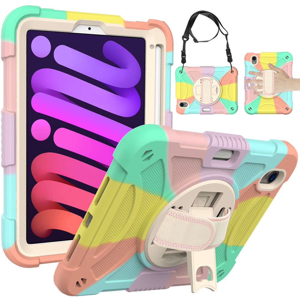 For iPad mini (2024) / mini (2021) Tablet Case Silicone+PC Rotating Kickstand Cover with Pencil Holder / Shoulder Strap - Multi-Color