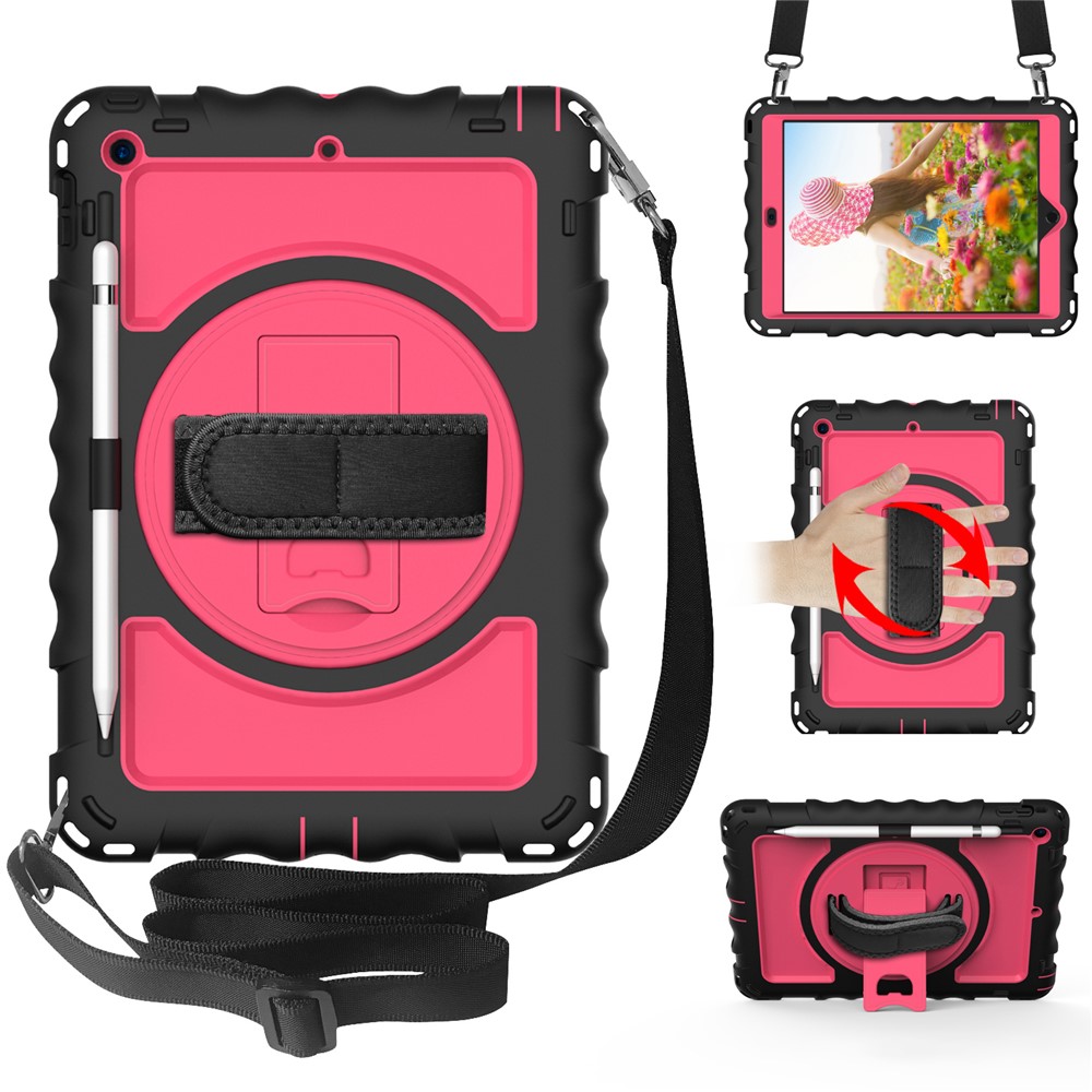 Rotating Kickstand Case for iPad 10.2 (2021) / (2020) / (2019) Silicone+PC Tablet Cover with Shoulder Strap - Black+Rose