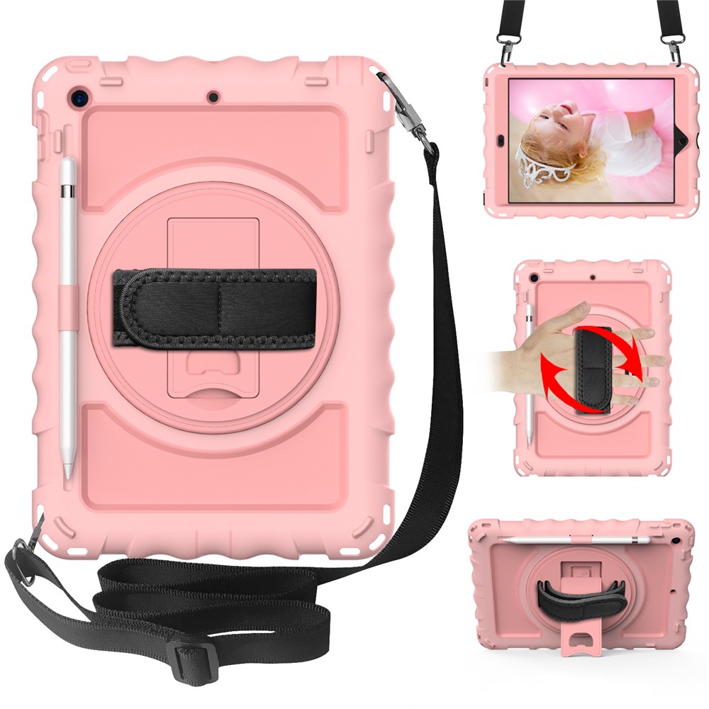 Rotating Kickstand Case for iPad 10.2 (2021) / (2020) / (2019) Silicone+PC Tablet Cover with Shoulder Strap - Rose Gold