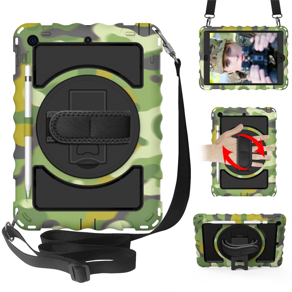 Rotating Kickstand Case for iPad 10.2 (2021) / (2020) / (2019) Silicone+PC Tablet Cover with Shoulder Strap - Camouflage