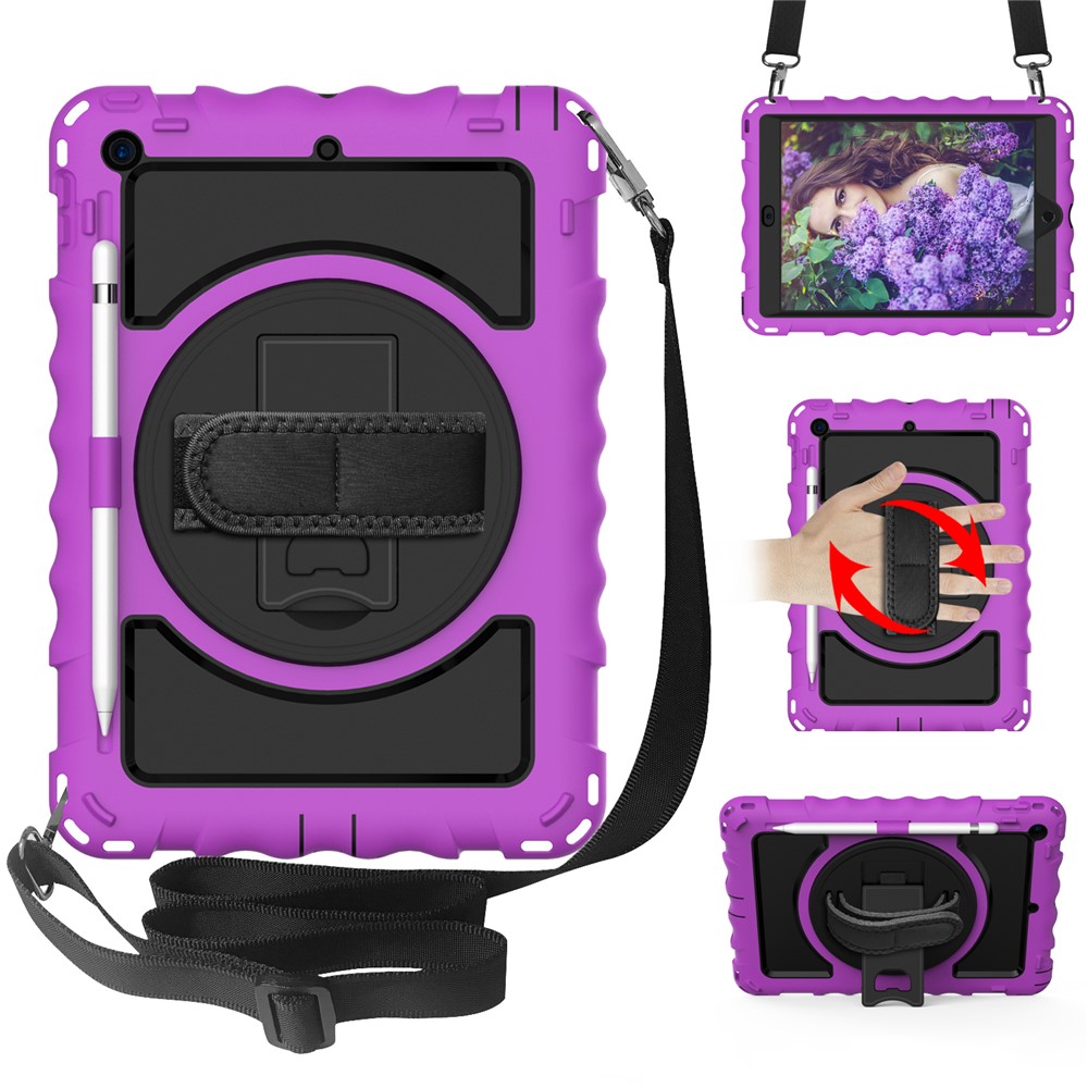 Rotating Kickstand Case for iPad 10.2 (2021) / (2020) / (2019) Silicone+PC Tablet Cover with Shoulder Strap - Purple