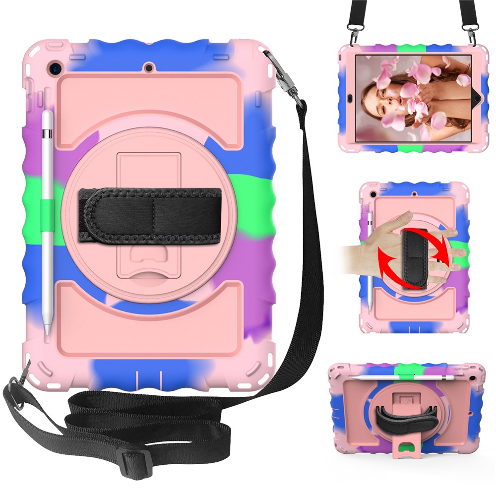 For iPad 10.2 (2021) / (2019) / (2020) Anti-Drop Case Silicone+PC Kickstand Tablet Cover with Shoulder Strap - Colorful+Rose Gold