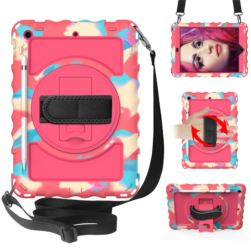 For iPad 10.2 (2021) / (2019) / (2020) Anti-Drop Case Silicone+PC Kickstand Tablet Cover with Shoulder Strap - Colorful+Rose