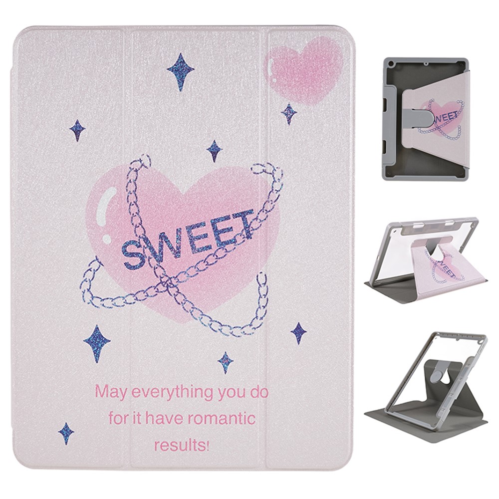 For iPad 10.2 (2019) / (2020) / (2021) PU Leather Pattern Tablet Case Stand Rotating Cover with Detachable Pencil Holder - Chain Love