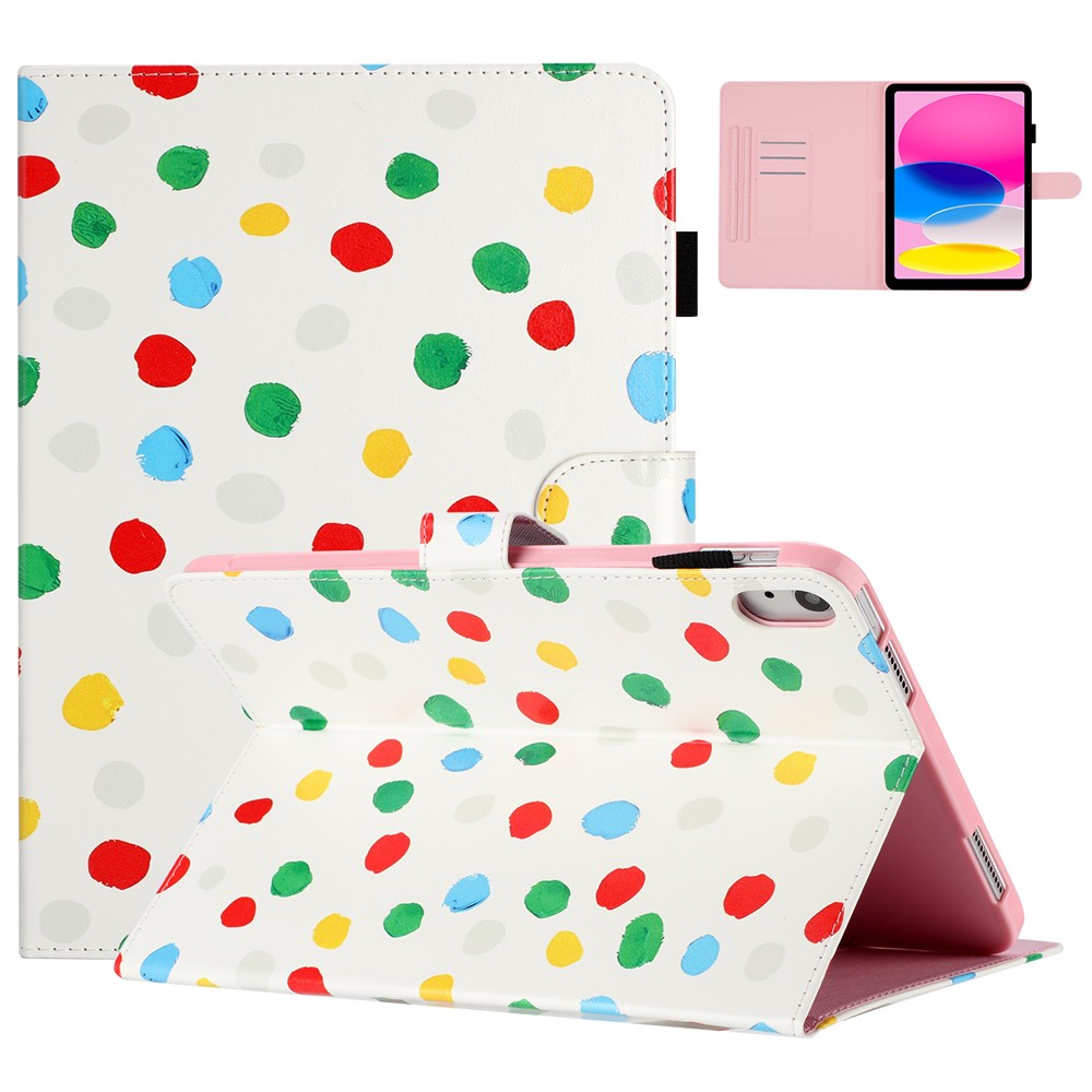 For iPad (2025) / 10.9 (2022) PU Leather Tablet Cover Dots Pattern Stand Smart Cover with Card Holder - White / Multi-Color Dots