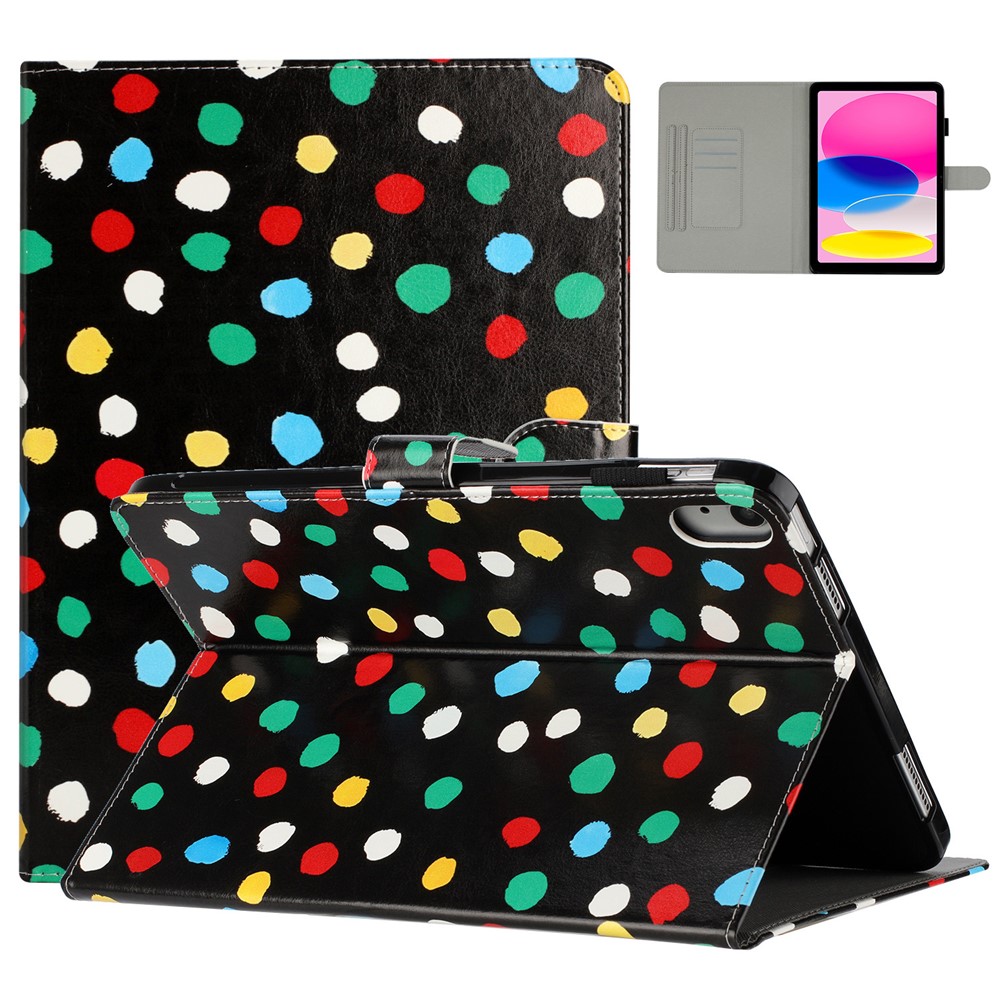 For iPad (2025) / 10.9 (2022) PU Leather Tablet Cover Dots Pattern Stand Smart Cover with Card Holder - Black / Multi-Color Dots