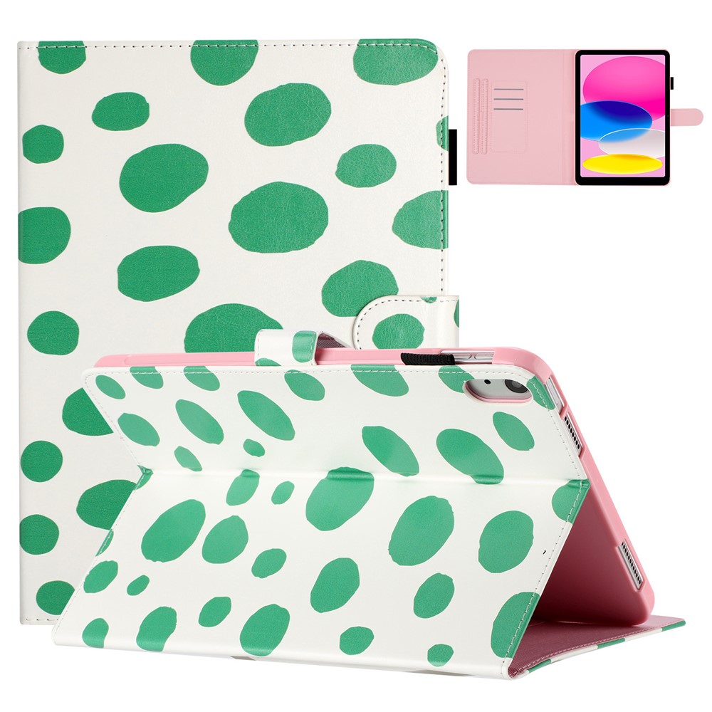 For iPad (2025) / 10.9 (2022) PU Leather Tablet Cover Dots Pattern Stand Smart Cover with Card Holder - White / Green Dots