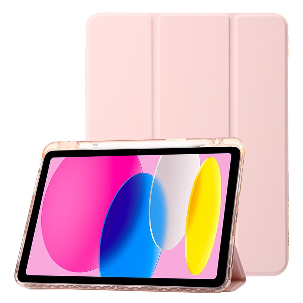 For iPad (2025) / 10.9 (2022) Tri-Fold Stand Smart Case PU Leather Transparent Acrylic+TPU Tablet Cover - Pink