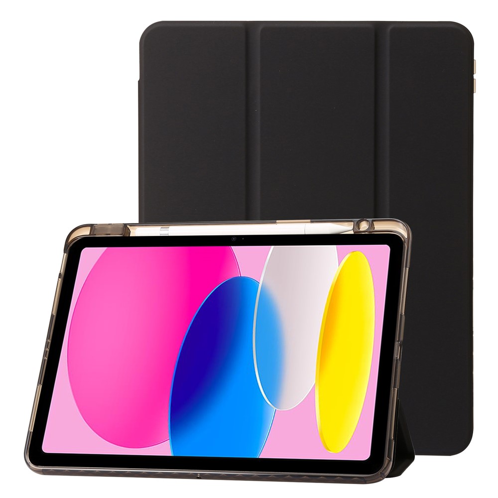 For iPad (2025) / 10.9 (2022) Tri-Fold Stand Smart Case PU Leather Transparent Acrylic+TPU Tablet Cover - Black