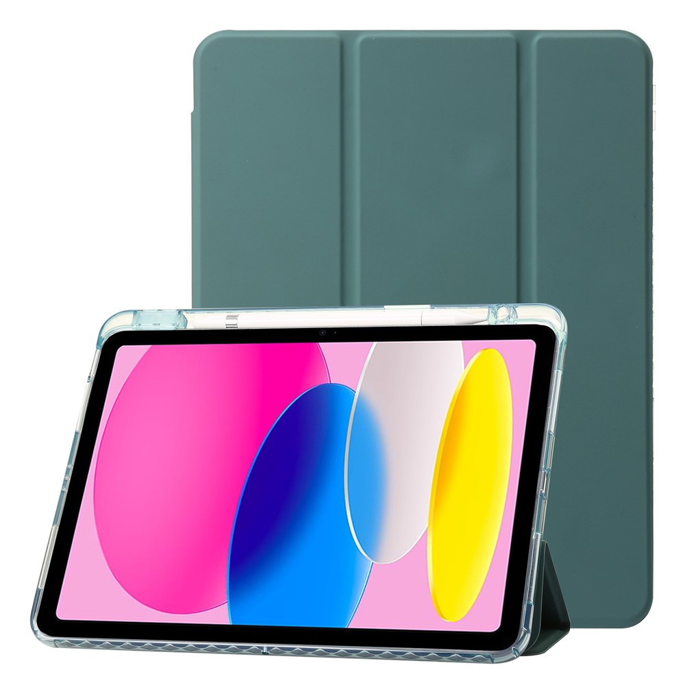 For iPad (2025) / 10.9 (2022) Tri-Fold Stand Smart Case PU Leather Transparent Acrylic+TPU Tablet Cover - Blackish Green