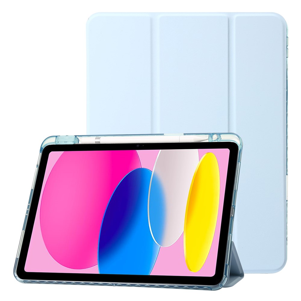 For iPad (2025) / 10.9 (2022) Tri-Fold Stand Smart Case PU Leather Transparent Acrylic+TPU Tablet Cover - Sky Blue