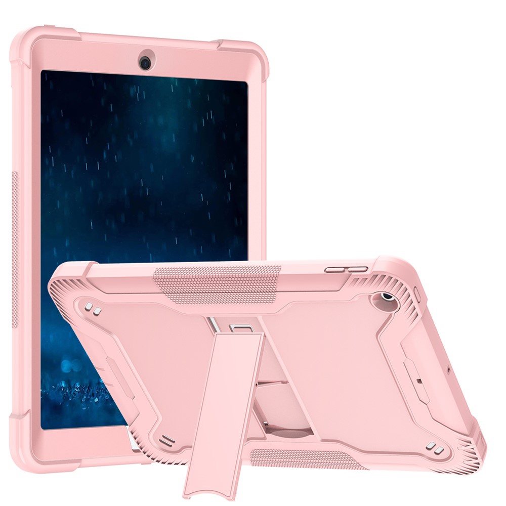 For iPad 9.7-inch (2017) / (2018) Tablet Case 3-in-1 Heavy Duty Silicone + PC Kickstand Cover - Rose Gold