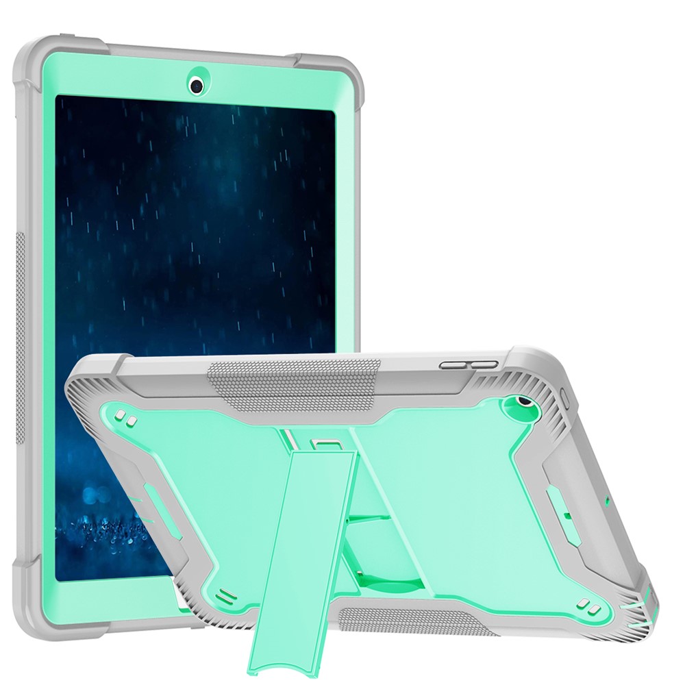 For iPad 9.7-inch (2017) / (2018) Tablet Case 3-in-1 Heavy Duty Silicone + PC Kickstand Cover - Grey+Mint Green