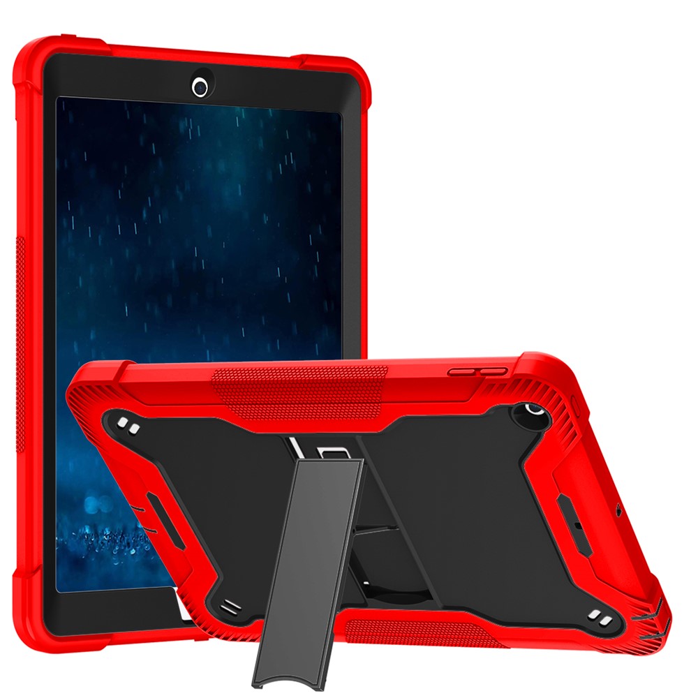 For iPad 9.7-inch (2017) / (2018) Tablet Case 3-in-1 Heavy Duty Silicone + PC Kickstand Cover - Red+Black
