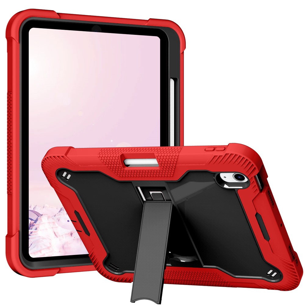 For iPad  (2025)/10.9 (2022) Tablet Cover Silicone + PC Kickstand Case with Pen Slot - Red+Black