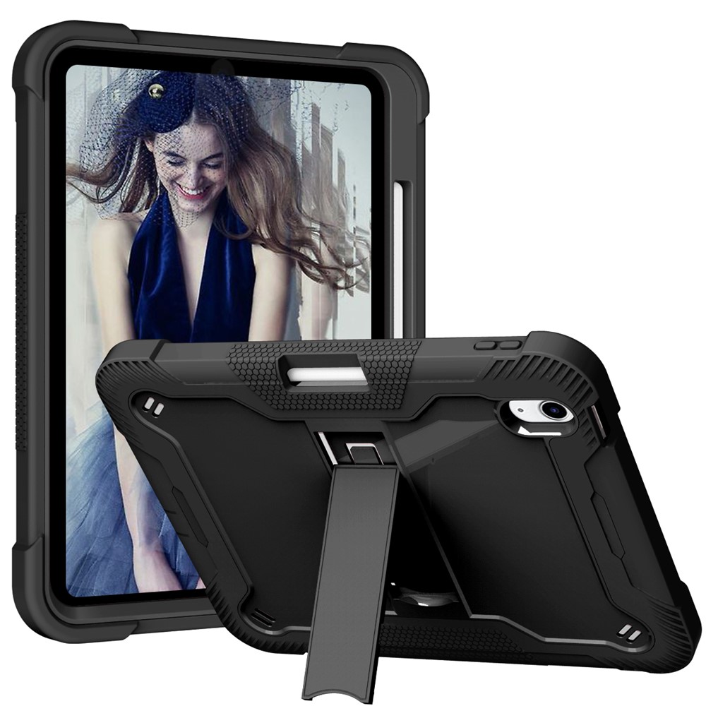 For iPad  (2025) / 10.9 (2022) Tablet Cover Silicone + PC Kickstand Case with Pen Slot - Black
