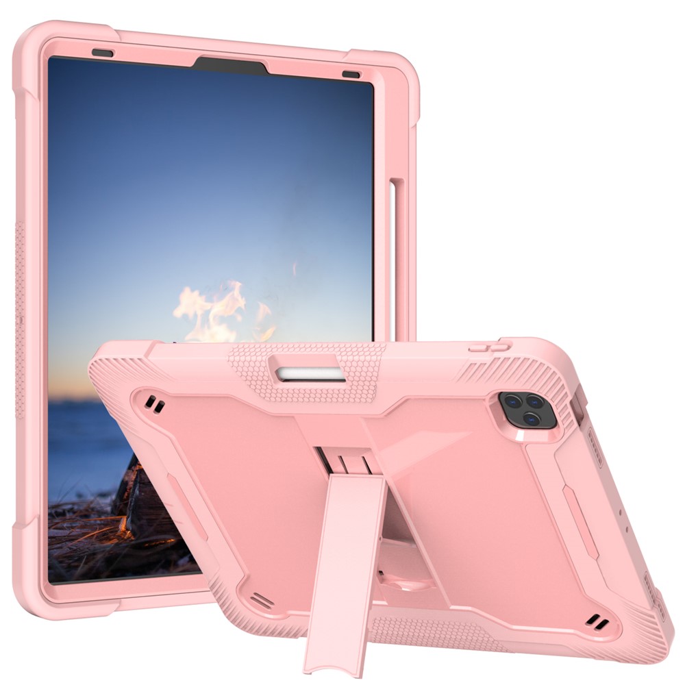 Kickstand Tablet Case for iPad Pro 12.9 (2018) / (2020) / (2021) / (2022) , Silicone + PC Protective Cover with Pencil Holder - Rose Gold