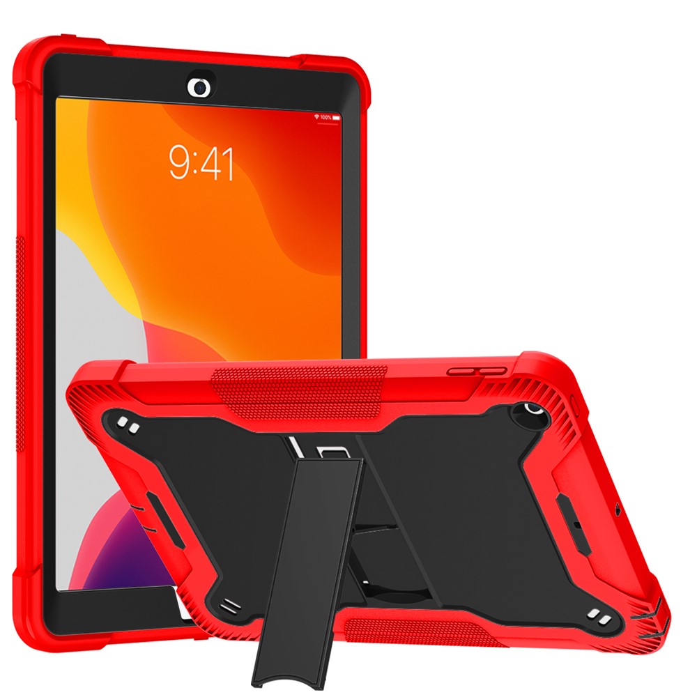 Kickstand Shockproof Cover for iPad 10.2 (2019) / (2020) / (2021) , Silicone + PC Tablet Case - Red+Black