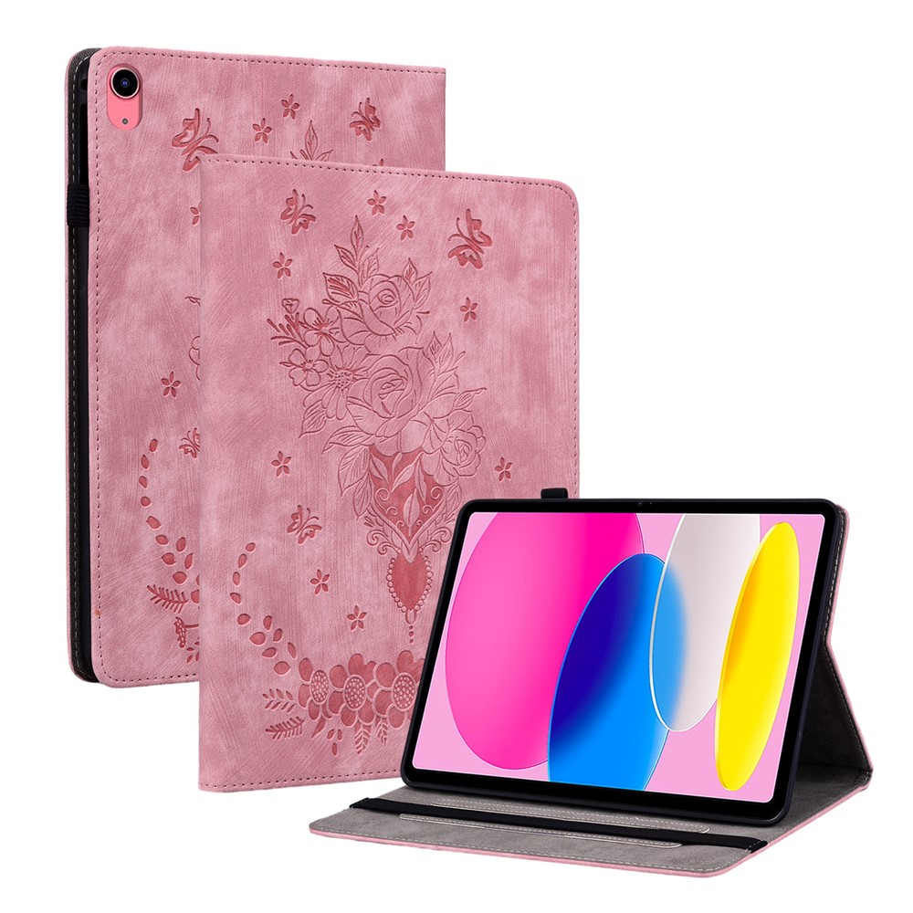 For iPad (2025) / 10.9 (2022) PU Leather Stand Case Butterfly Rose Imprinted Card Holder Tablet Cover - Pink