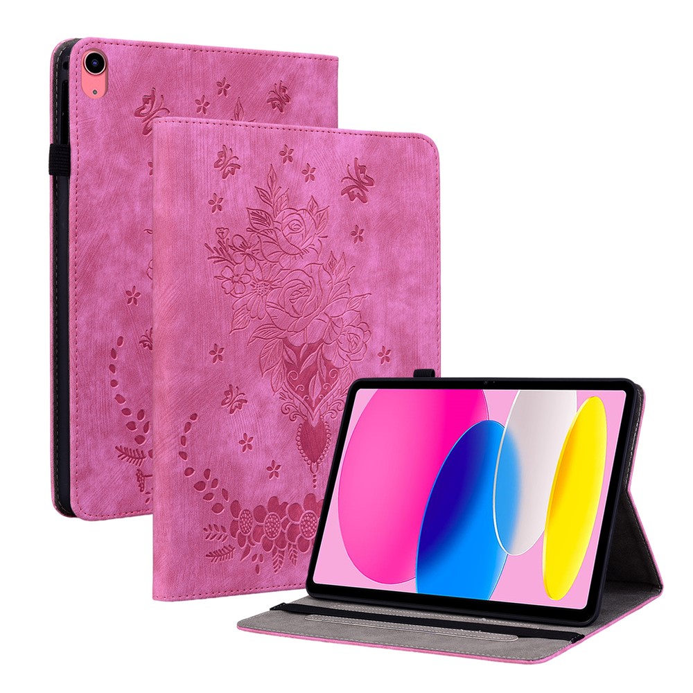 For iPad (2025) / 10.9 (2022) PU Leather Stand Case Butterfly Rose Imprinted Card Holder Tablet Cover - Rose