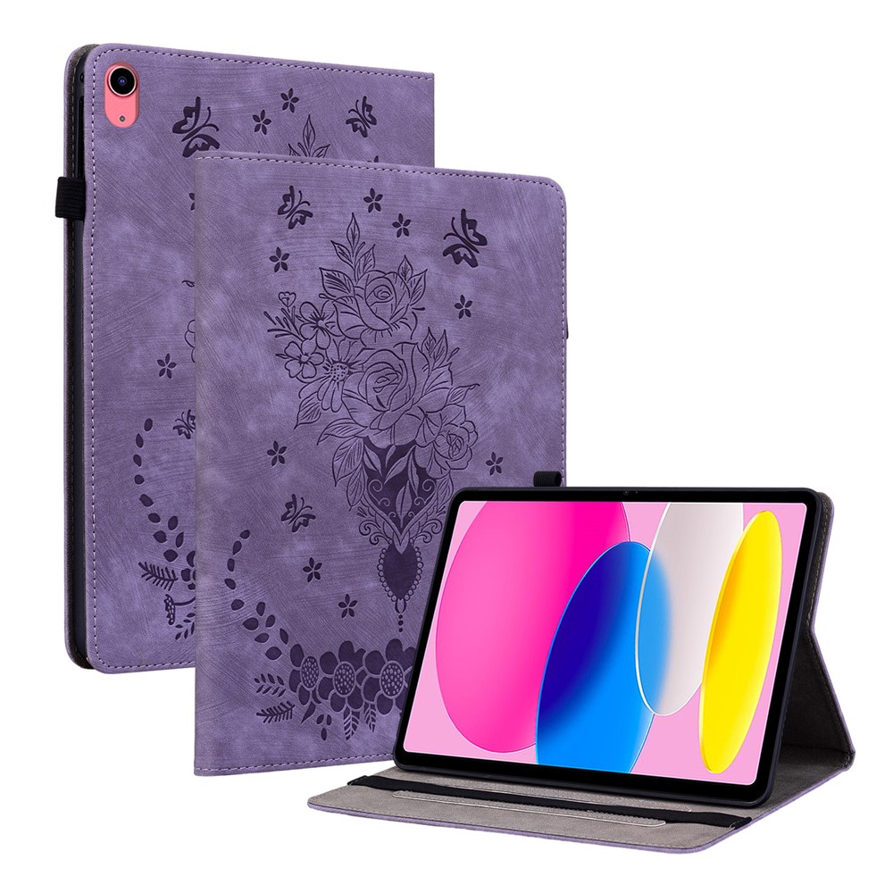 For iPad (2025) / 10.9 (2022) PU Leather Stand Case Butterfly Rose Imprinted Card Holder Tablet Cover - Purple