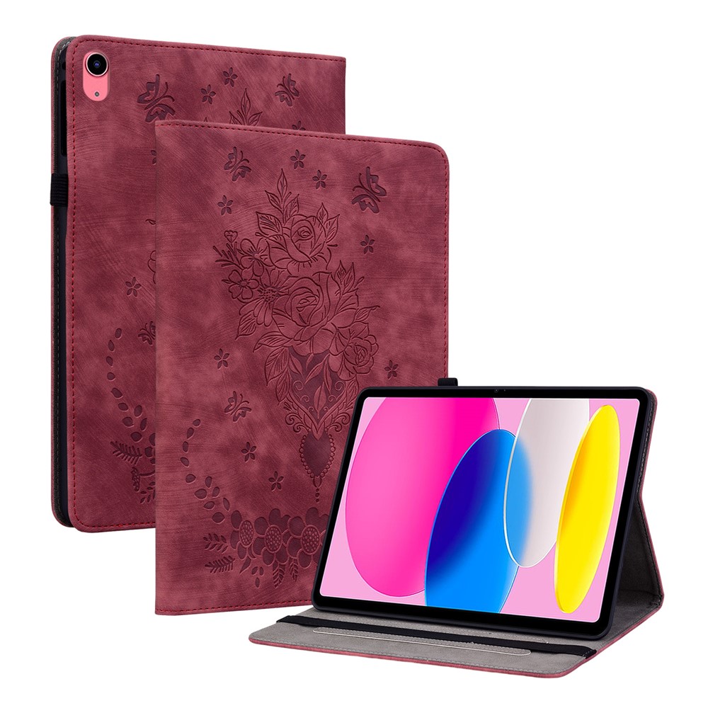 For iPad (2025) / 10.9 (2022) PU Leather Stand Case Butterfly Rose Imprinted Card Holder Tablet Cover - Red