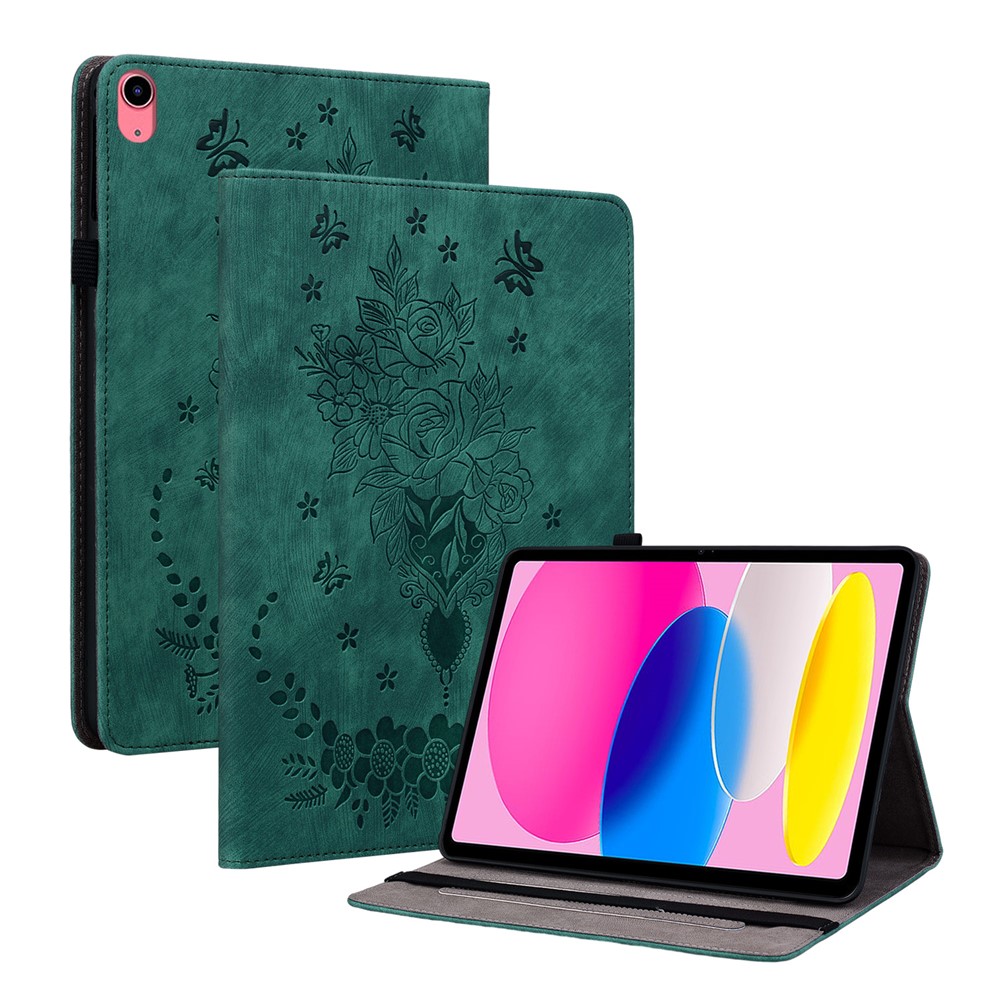 For iPad (2025) / 10.9 (2022) PU Leather Stand Case Butterfly Rose Imprinted Card Holder Tablet Cover - Green