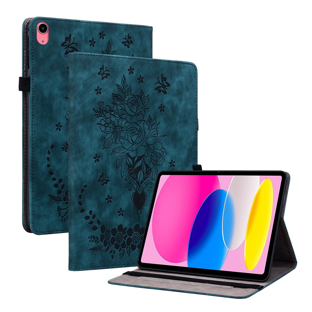 For iPad (2025) / 10.9 (2022) PU Leather Stand Case Butterfly Rose Imprinted Card Holder Tablet Cover - Blue
