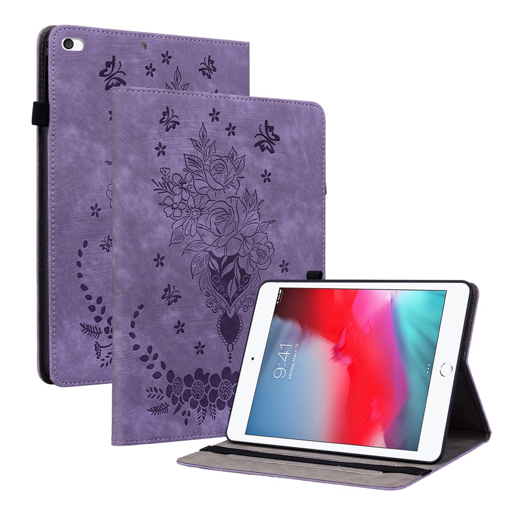 For iPad Mini / Mini 2 / mini 3 / mini 4 / mini (2019) 7.9 inch PU Leather Card Holder Stand Case Imprinted Tablet Anti-drop Cover - Purple