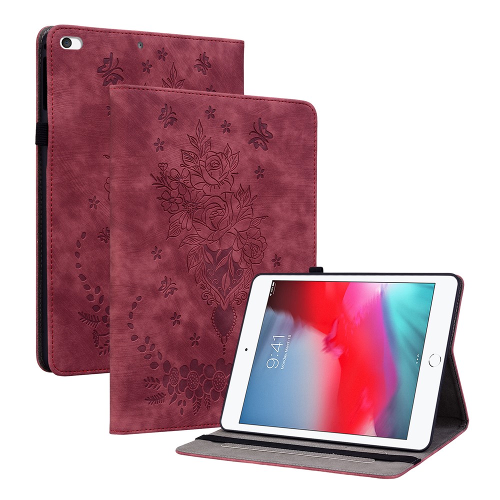 For iPad Mini / Mini 2 / mini 3 / mini 4 / mini (2019) 7.9 inch PU Leather Card Holder Stand Case Imprinted Tablet Anti-drop Cover - Red