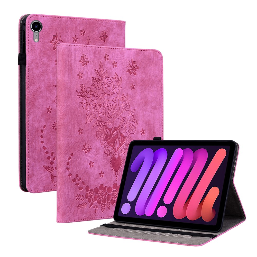 For iPad mini (2024) / mini (2021) PU Leather Card Holder Shell Butterfly Rose Imprinted Tablet Stand Case - Rose