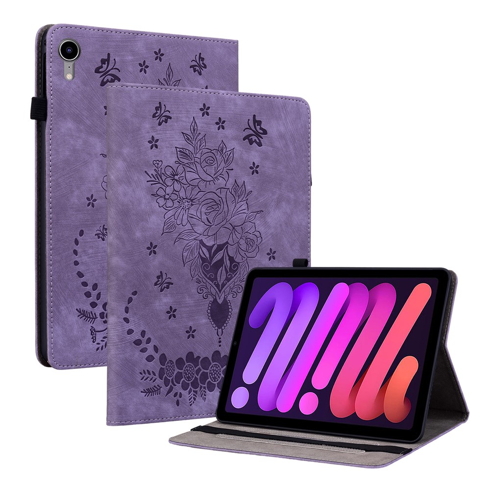 For iPad mini (2024) / mini (2021) PU Leather Card Holder Shell Butterfly Rose Imprinted Tablet Stand Case - Purple