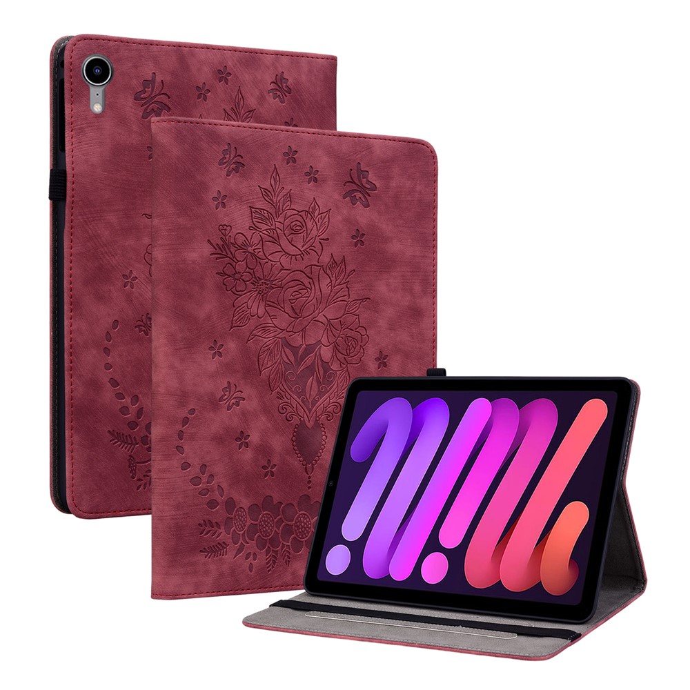 For iPad mini (2024) / mini (2021) PU Leather Card Holder Shell Butterfly Rose Imprinted Tablet Stand Case - Red