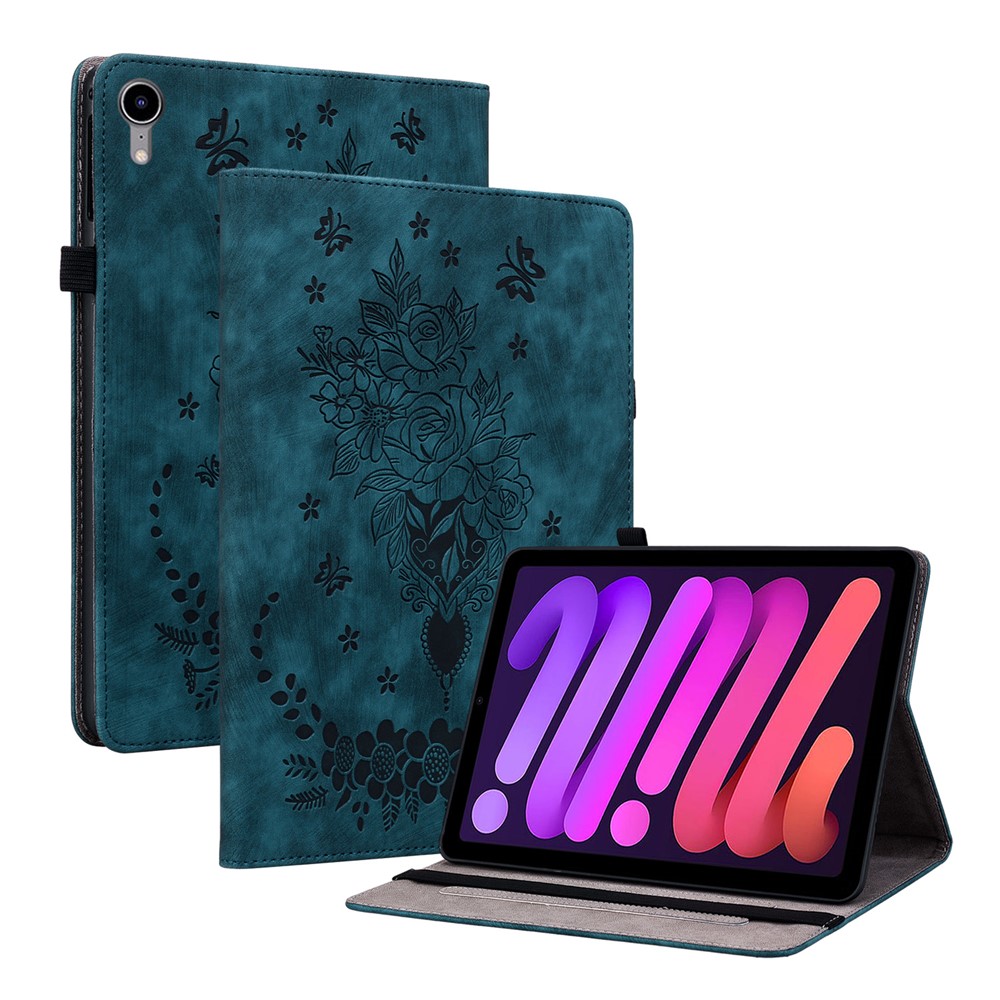 For iPad mini (2024) / mini (2021) PU Leather Card Holder Shell Butterfly Rose Imprinted Tablet Stand Case - Blue